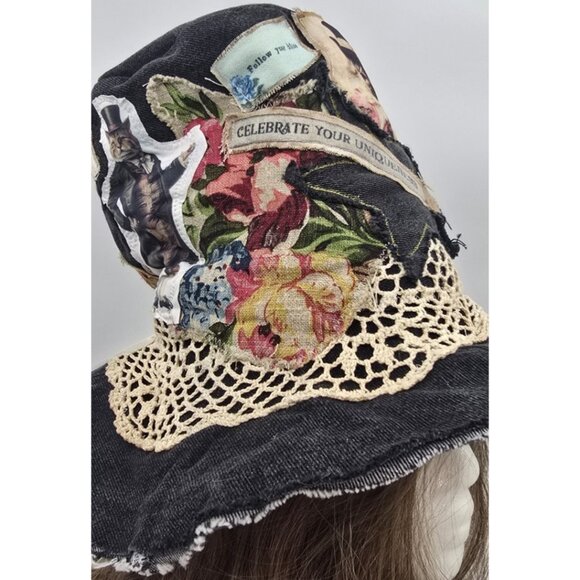 OOAK Magnolia Boho Stove Pipe Top Hat Indie Upcycled Cat Floppy Adjustable S - L - Picture 10 of 16